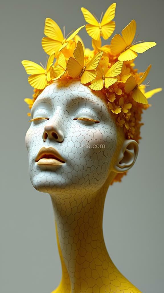 Imagen generada por IA en la comunidad IAcomuia: The molecular sculpture of a head with an exceptionally long neck depicts a serene head from which yellow butterflies emerge through a crack. the face, with its serene expression, is inspired by the hallucinations of yayoi kusama.