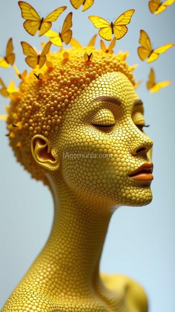 Imagen generada por IA en la comunidad IAcomuia: The molecular sculpture of a head with an exceptionally long neck depicts a serene head from which yellow butterflies emerge through a crack. the face, with its serene expression, is inspired by the hallucinations of yayoi kusama.