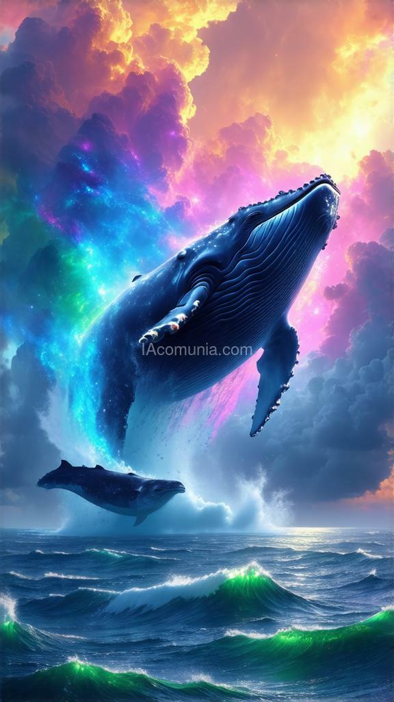 Imagen generada por IA en la comunidad IAcomuia: Floating whale sanctuary, vibrant and colorful, high quality, 4k, ultra-detailed, surreal, fantasy art, airborne whales, glowing auras, sky ocean, mystical clouds, vibrant colors, serene lighting.