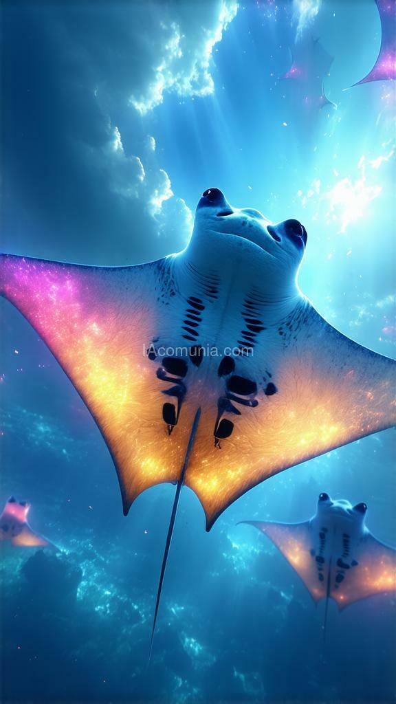 Imagen generada por IA en la comunidad IAcomuia: Floating manta ray sanctuary, vibrant and colorful, high quality, 4k, ultra-detailed, surreal, fantasy art, airborne manta rays, glowing auras, sky ocean, mystical clouds, vibrant colors, serene lighting.